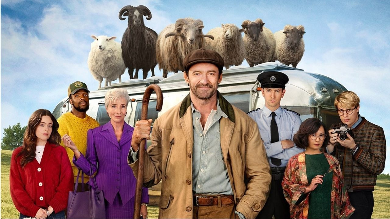Hugh Jackman and a group of people with sheep